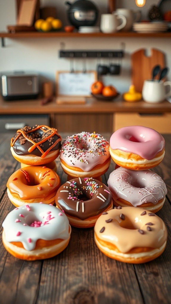 A colorful assortment of six donuts, each with unique glazes and toppings, displayed on a wooden table.